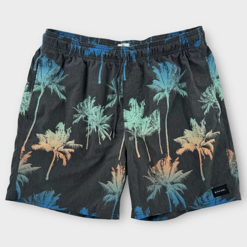 Rip Curl Lay Days Shorts Mens XL Palm Tree Print Gray Elastic Waist Board Shorts